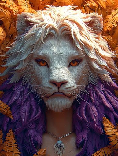 isometric blonde with purple curls vibrant with palm trees and fluffy feathers, sunny background, art by ChrisWaikikiAI --s 850 --ar 3:4 --v 6.0