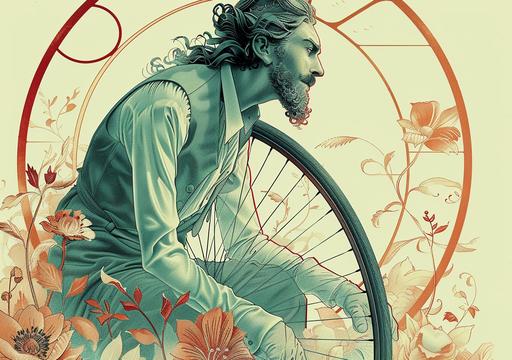 long hairy jesus christ hipster in ancient art deco clothing driving bicycle old penny-farthing up a steep hill to his giant neoncore::3 cross::5 , 10BC, advertisement shot, vogue cover, WLOP art by ChrisWaikikiAI --v 6.0 --s 750 --sref  --ar 99:70