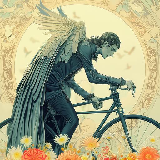 long hairy jesus christ hipster in ancient art deco clothing driving bicycle old penny-farthing up a steep hill to his giant neoncore::3 cross::5 , 10BC, advertisement shot, vogue cover, WLOP art by ChrisWaikikiAI --v 6.0 --s 750 --sref  --ar 1:1