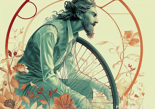 long hairy jesus christ hipster in ancient art deco clothing driving bicycle old penny-farthing up a steep hill to his giant neoncore::3 cross::5 , 10BC, advertisement shot, vogue cover, WLOP art by ChrisWaikikiAI --ar 99:70 --v 6.0 --s 750 --sref