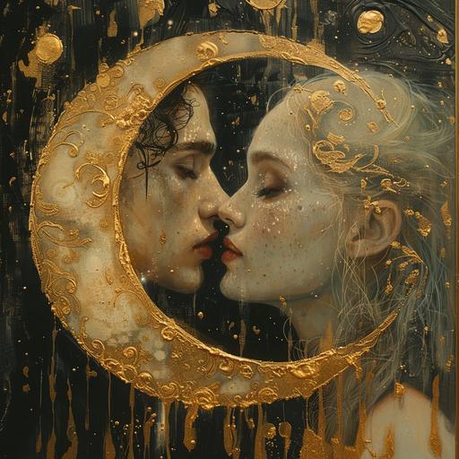 mrs sun and mr moon kissing tenderly in love, reflecting synthwave ambrotype, seen through golden glitter Gustav Klimt, art by ChrisWaikikiAI --s 850 --v 6.0 --ar 1:1