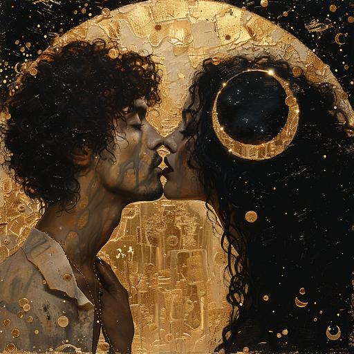 mrs sun and mr moon kissing tenderly in love, reflecting synthwave ambrotype, seen through golden glitter Gustav Klimt, art by ChrisWaikikiAI --s 850 --v 6.0