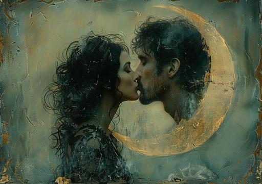 mrs sun and mr moon kissing tenderly in love, wallpaper poster art synthwave ambrotype, photography Gustav Klimt, art by ChrisWaikikiAI --s 850 --ar 99:70 --v 6.0