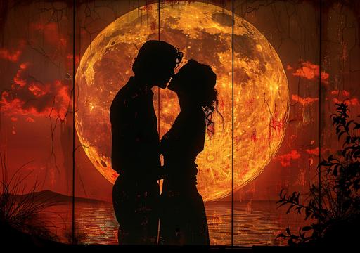mrs sun and mr moon kissing tenderly in love, wallpaper poster art synthwave ambrotype, Gustav Klimt, art by ChrisWaikikiAI --s 850 --ar 99:70 --v 6.0