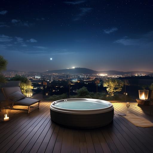 photos, panoramic night view from terrace deck, expansive residential night view, grey-tiled deck, shiny black round bathtub, relaxing sofa, moon and starry sky.--16:9 --style raw