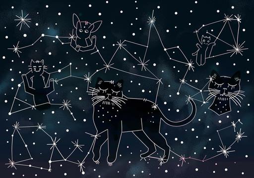 stary sky asterism showing astronomy sign of the cat vampire with long sharp teeth and cute big cateyes, Kelimutu, simple one-liner graphic illustration, art by ChrisWaikikiAI --ar 99:70 --v 6.0 --s 750
