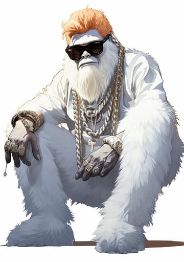 ultrapurewhite yeti carrying big chain around his neck showing mercedes symbol, vogueing pose, drawing style watercolor of rapper yeti, clear outline, simplistic, minimalist, wearing sunglasses, solid white background, posing around, art by ChrisWaikikiAI --ar 70:99