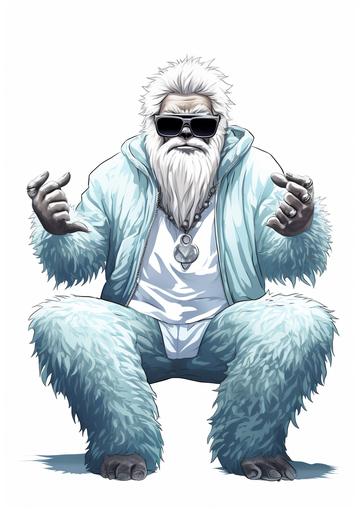 ultrapurewhite yeti carrying big chain around his neck showing mercedes symbol, vogueing pose, drawing style watercolor of rapper yeti, clear outline, simplistic, minimalist, wearing sunglasses, solid white background, posing around, art by ChrisWaikikiAI --ar 70:99
