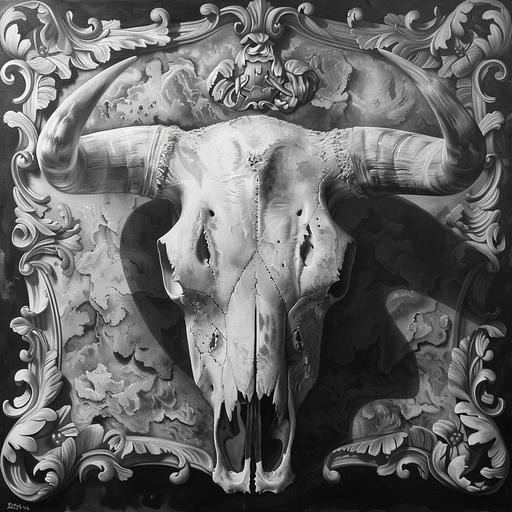 airbrushed painting of bull head skull, greyscale