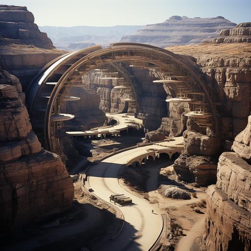 aircraft base in the desert, round arches built into epic cliffs housing aeroplanes, Utah, saudi arabia, brutalist architecture, 1980's, planes on runway, landing strip, hangars built into cliffs, slightly scifi --s 750 --v 5.2