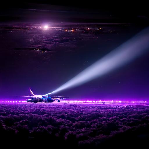 airplane at night, airplane aisle, led lights, purple lights, plane, ultra realistic, ultra detailed, 8k