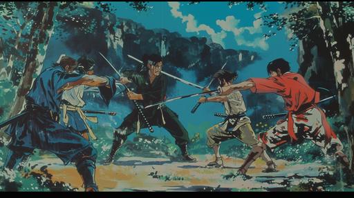 ake-e ukiyo-e muzan-e musha-e anime fighter from 1980s on celluloid animation slide --ar 16:9 --v 6.0 --no closeup, portrait