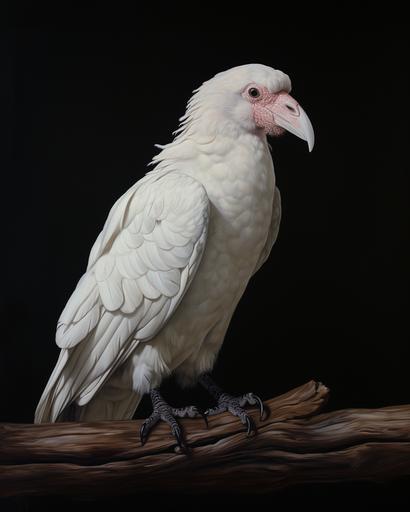 albino crow, white beak, white legs, white feathers, over a mahogany table, black background, realistic style --ar 4:5