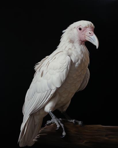 albino crow, white beak, white legs, white feathers, over a mahogany table, black background, realistic style --ar 4:5