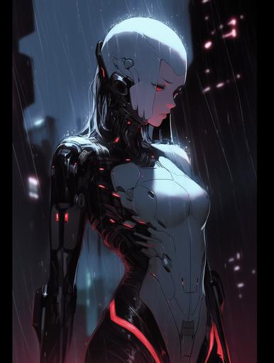 albino robot girl standing in the rain, city ruins panorama, contemplating, night, pale, bald, no hair, supervillain, ominous, black purple and green night lighting, depressive, melancholy, noir, glowing neon red eyes pupils, Red-eye effect, concept art, augmented, retro anime cover poster --ar 3:4 --s 250 --niji 5