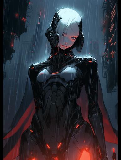 albino robot girl standing in the rain, city ruins panorama, contemplating, night, pale, bald, no hair, supervillain, ominous, black purple and green night lighting, depressive, melancholy, noir, glowing neon red eyes pupils, Red-eye effect, concept art, augmented, retro anime cover poster --ar 3:4 --s 250 --niji 5