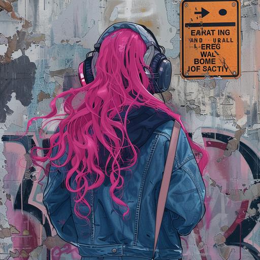 album cover for an album, girl on hood, long dark pink curly hair, view from the back, she's doing a graffiti, on the wall caution sign, read instructions before using,