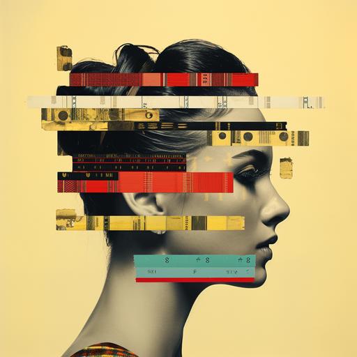album cover with digital collage cassette tape as a woman's head, experimental contemporary collage, multilayered collage, in the style of piratepunk, minimalistic surrealism, chillwave, walker evans, sound art, balance, kodak ektar 100,