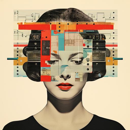 album cover with digital collage cassette tape as a woman's head, experimental contemporary collage, multilayered collage, in the style of piratepunk, minimalistic surrealism, chillwave, walker evans, sound art, balance, kodak ektar 100,