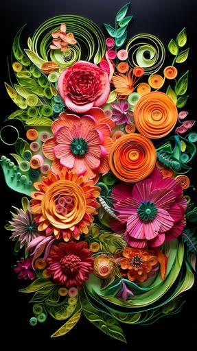alcohol ink and paper-quilling of a lush paradise floral, 2 ply, jutebacking, with ring border, in the style of ferris plock, light green and magenta, exotic realism, spectacular backdrops, whimsical weavings, exotic landscapes, kakapo, orange and green --ar 9:16