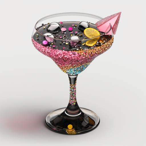 alcoholic cocktail in a beautifully shaped glass ultra-realistic Hannah Montana corduroy 90s America Y2K: ubiquitous glitter inlaid with rhinestones pink and black , neon, unisex style, subcultures of erakez punk rock on a completely white background ultra-realistic 4k