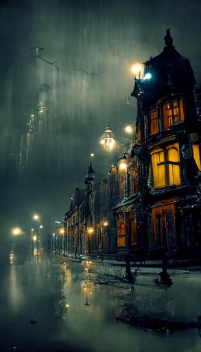 Victorian era architecture, bleak, streets at night, puddles, sodium vapour street lamps, cinematic 8k lighting, —aspect 9:16