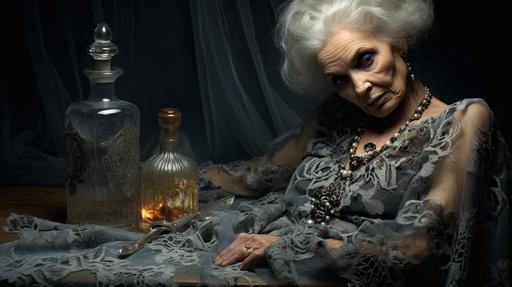 alembic liquor bottles, stunning elderly woman, lace nightgown, sheer, --ar 16:9