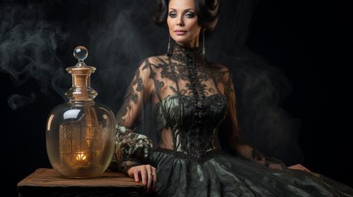 alembic liquor bottles, stunning middle-aged woman, lace nightgown, sheer, --ar 16:9