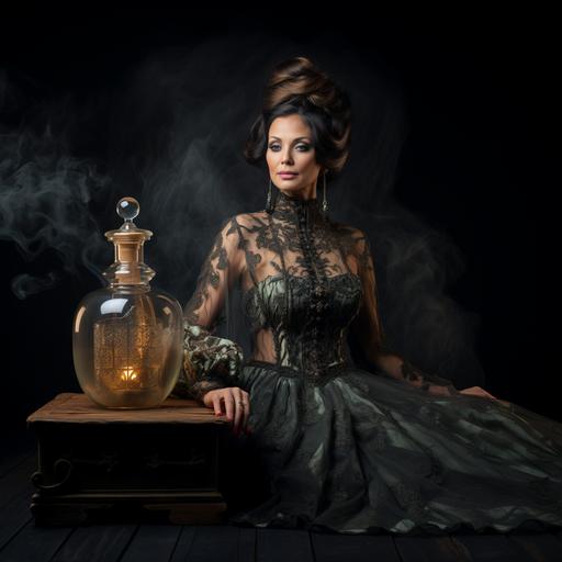 alembic liquor bottles, stunning middle-aged woman, lace nightgown, sheer,