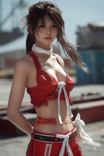 Character is Shin Hye-jeong, red and white outfit, white ribbon in hair, with lots of stomach,neckline, a sassy confident character with a southern accent, flirty smile and pose, in metal gear final fantasy tekken gameplay screenshot, --ar 2:3 --v 6.0