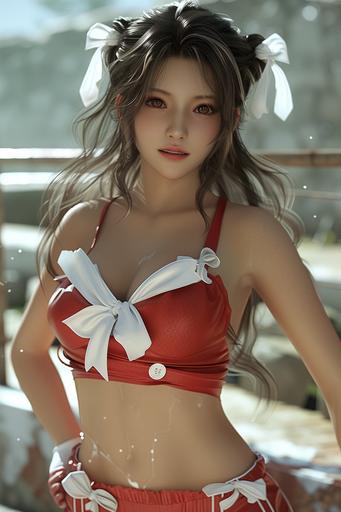 Character is Shin Hye-jeong, red and white outfit, white ribbon in hair, with lots of stomach,neckline, a sassy confident character with a southern accent, flirty smile and pose, in metal gear final fantasy tekken gameplay screenshot, --ar 2:3 --v 6.0