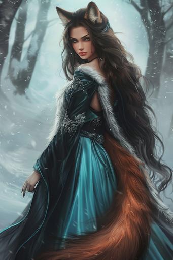 a mysterious and beautiful kitsune woman with very long dark brown hair, a long brown tail, tall brown fox ears, and grey eyes in an elegant cyan and black gown, --ar 2:3 --v 6.0