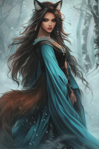 a mysterious and beautiful kitsune woman with very long dark brown hair, a long brown tail, tall brown fox ears, and grey eyes in an elegant cyan and black gown, --ar 2:3 --v 6.0