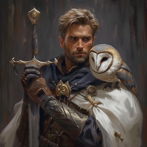 full body shot of a handsome male medieval lord holding a longsword, thick stubble trimmed short, with a large pet owl, grey eyes, 25-year old, dark fantasy, character design, with short straight and messy strawberry-blonde hair, templar, noble, 4k, digital painting, artstation, in the style of medieval-inspired realistic portrait --v 6.0