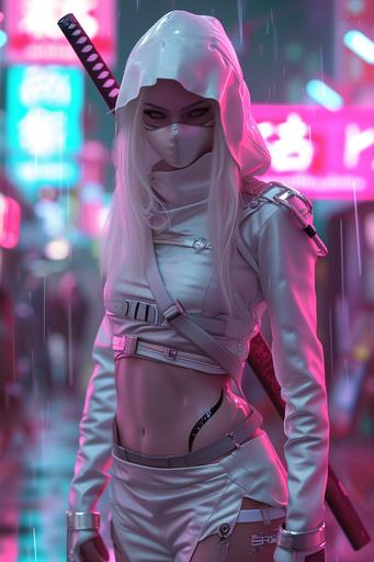 fullbody, albino ninja cyberpunk style assassin, female, extremely beautiful face, Anastasia_kvitko, hyperdetailed, ivory_skin cyberpunk, intimidating, mouthcovering facemask, running mascara, slim waist, caricature inspired curves, cartoonish_proportions, reflective silky surfaces, wide hips, bodycon, cyberpunk, anime inspired city setting, mk11 elder_god inspired outfit, 8k hd, --ar 2:3 --v 6.0