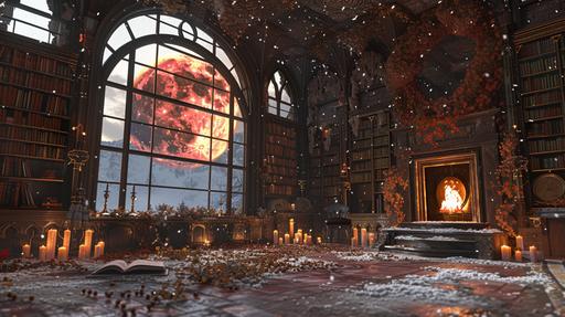 ibrary, fire, candles, fireplace, many books, mysterious atmosphere, large floor-to-ceiling windows, the full moon is visible through the window, castle, dried vine flowers from the ceiling, hyper-detailed, holey ceiling, snow flakes are falling from the ceiling, the red moon is visible, candles in beautiful Victorian candelabra, Victorian, Gothic style, hyper-detailed, dilapidated ceiling, style like in the movie Crimson Hills, stained glass windows, from the ceiling snow is falling, --ar 16:9 --v 6.0