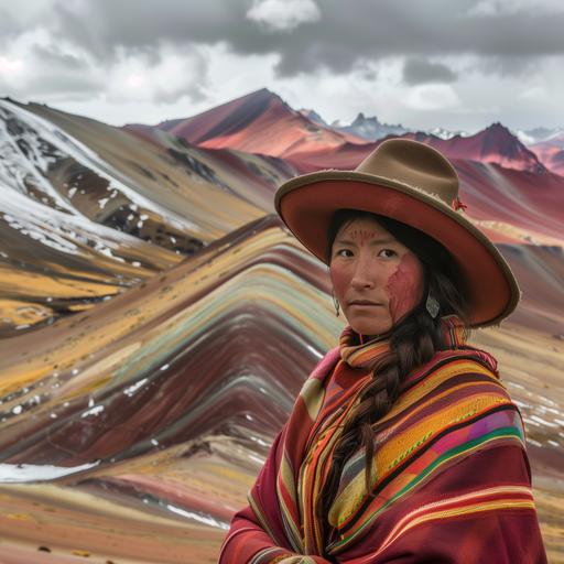 a human as Vinicunca, art fasion photography --c 45 --w 55 --s 567 --v 6.0