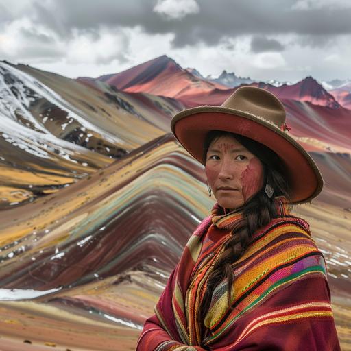 a human as Vinicunca, art fasion photography --c 45 --w 55 --s 567 --v 6.0