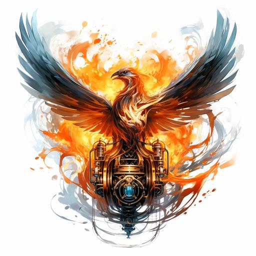 Burning bird phoenix hold cylinder engine with white background digital painting