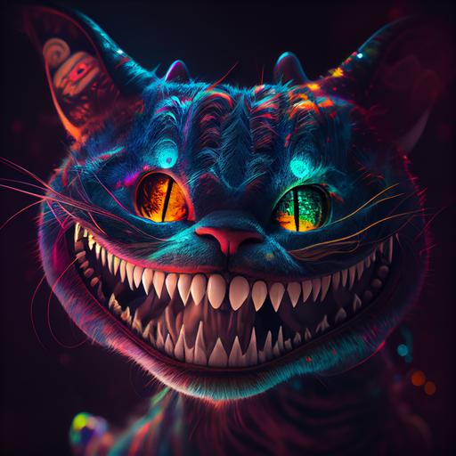 alice cat smile in the dark, rainbow colored teeth, Studio Lighting, Photography, Wide Angle, Depth of Field, hyper-detailed, insane details, beautifully color graded, Cinematic, 8k --v 4 --q 2 --upbeta