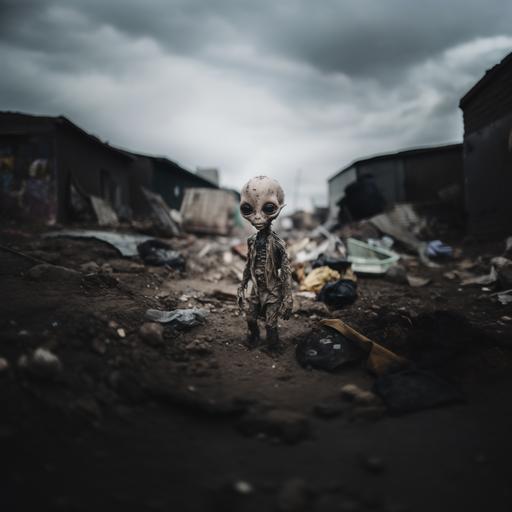 alien, 2 meters tall, with narrow black eyes and white pupils, sweet, walking and cleaning up the earth from plastic, realistic photography, 4MP --ar 1:1