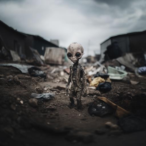 alien, 2 meters tall, with narrow black eyes and white pupils, sweet, walking and cleaning up the earth from plastic, realistic photography, 4MP --ar 1:1