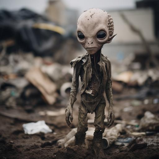 alien, 2 meters tall, with narrow black eyes and white pupils, sweet, walking and cleaning up the earth from plastic, realistic photography