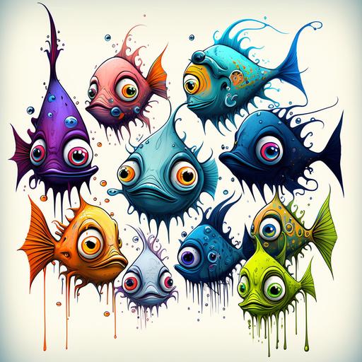 alien fish coloring, a set of nine colored fish splatters, in the style of whimsical caricatures, illuminated visions, 2d, color theory, watercolorist, flickr, red and azure ar 3:2