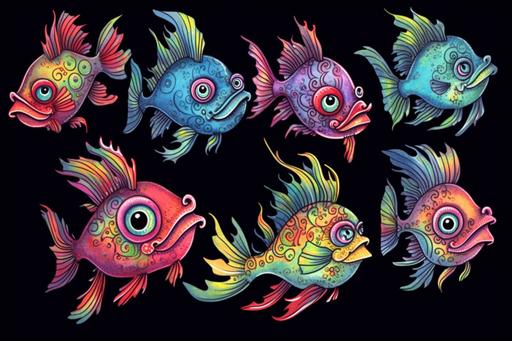 alien fish coloring, a set of nine colored fish splatters, in the style of whimsical caricatures, illuminated visions, 2d, color theory, watercolorist, flickr, red and azure --ar 3:2 --v 5