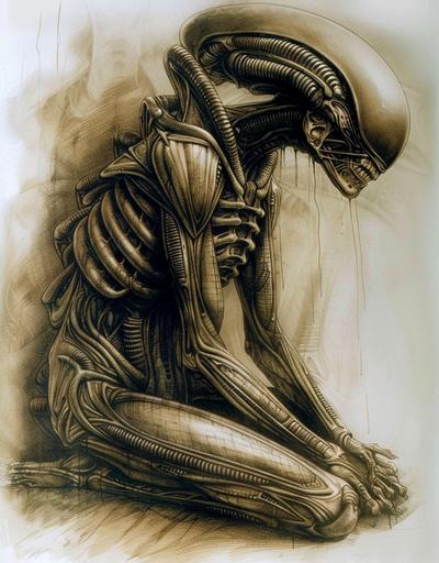 alien is sitting down, in the style of renaissance perspective and anatomy, airbrush art --ar 18:23 --c 35 --s 400 --v 6.0 --sref