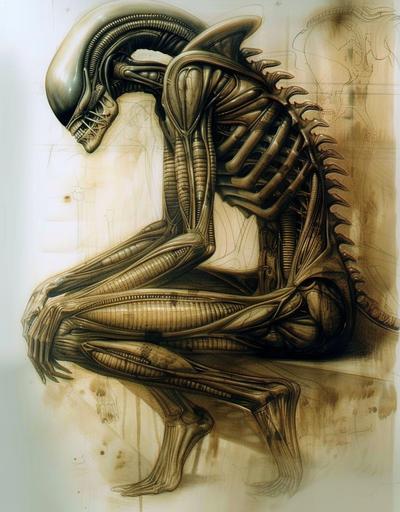 alien is sitting down, in the style of renaissance perspective and anatomy, airbrush art --ar 18:23 --c 35 --s 400 --v 6.0 --sref