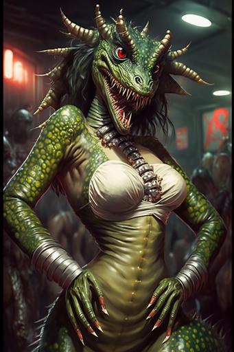 alien monster girl with hot pumped up body wearing a crocodile costume at the party, detailed, hyper realistic, --ar 2:3