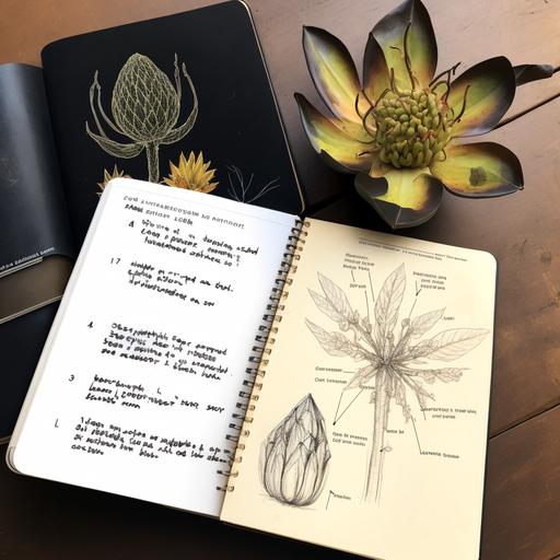 alien plant species diagram notebook, hand written, by a professor, with live specimen beside notebook --v 4