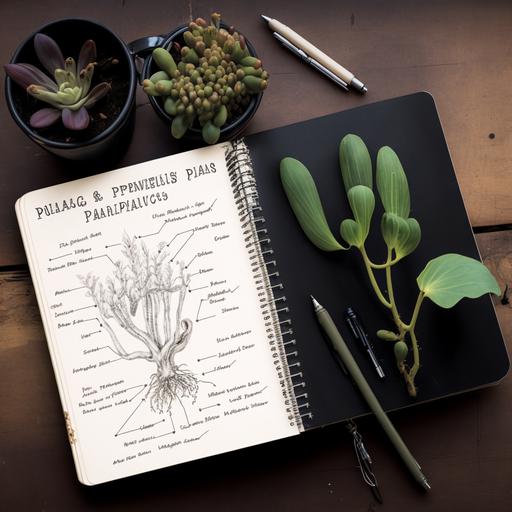 alien plant species diagram notebook, hand written, by a professor, with live specimen beside notebook --v 4